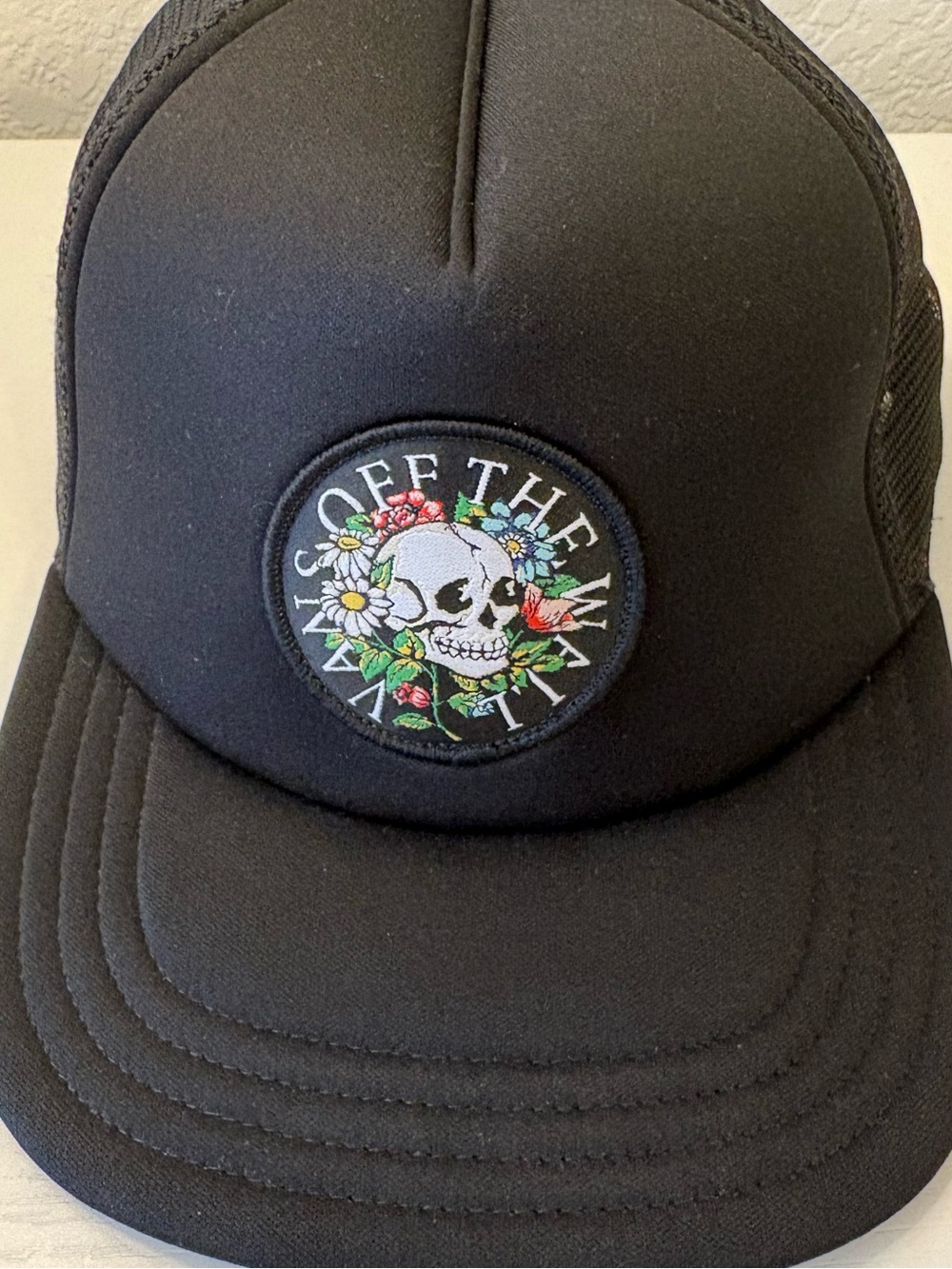 Vans Black Trucker Hat with Floral Skull Patch💀🌸